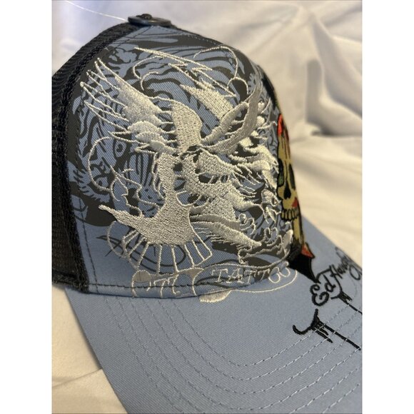 Ed Hardy Trucker Hat Embroidered Tattoo Eagle Skull Blue Mesh Snapback Cap New - Picture 6 of 15